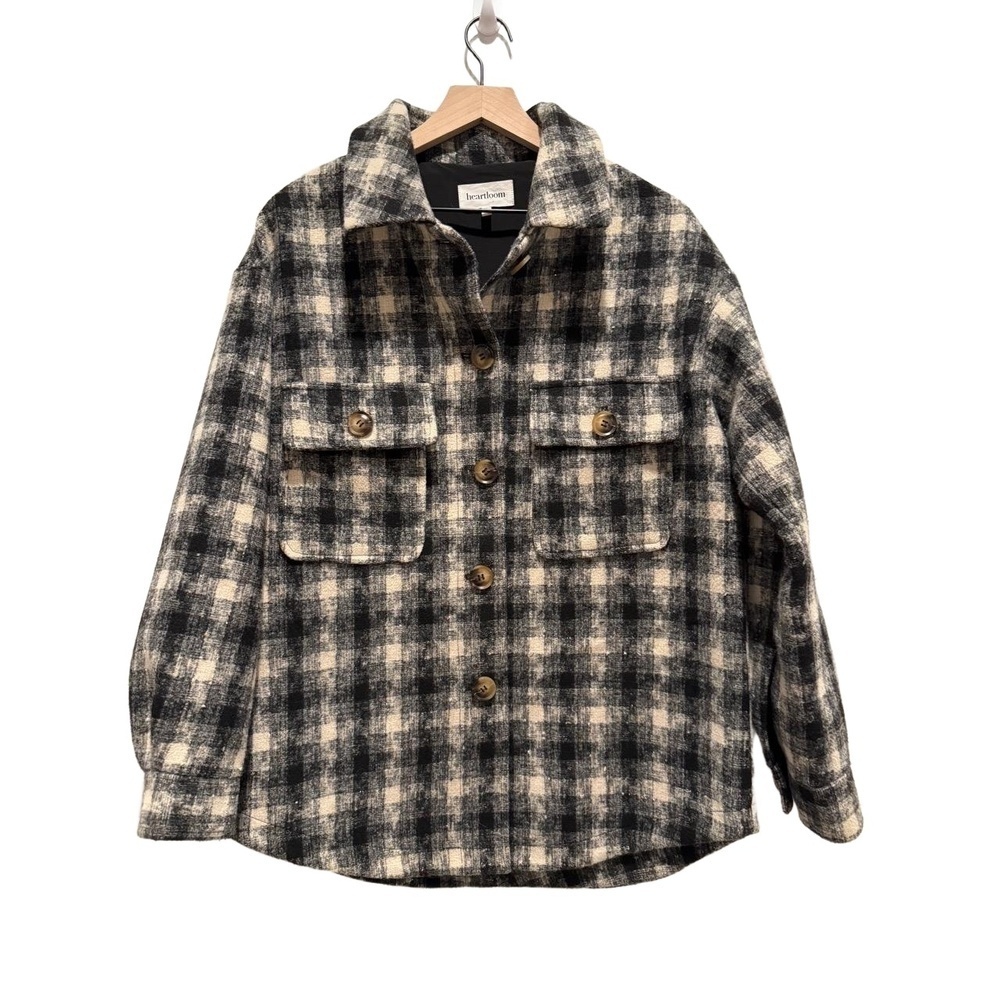 Heartloom size M Black Beige White Gold Plaid Button Front Collared Jacket Coat